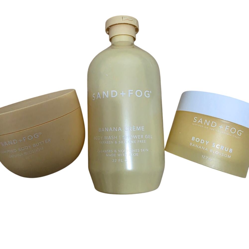 Set of 3 Sand + Fog BANANA CREME Body Wash Banana Blossom Body Butter & Scrub